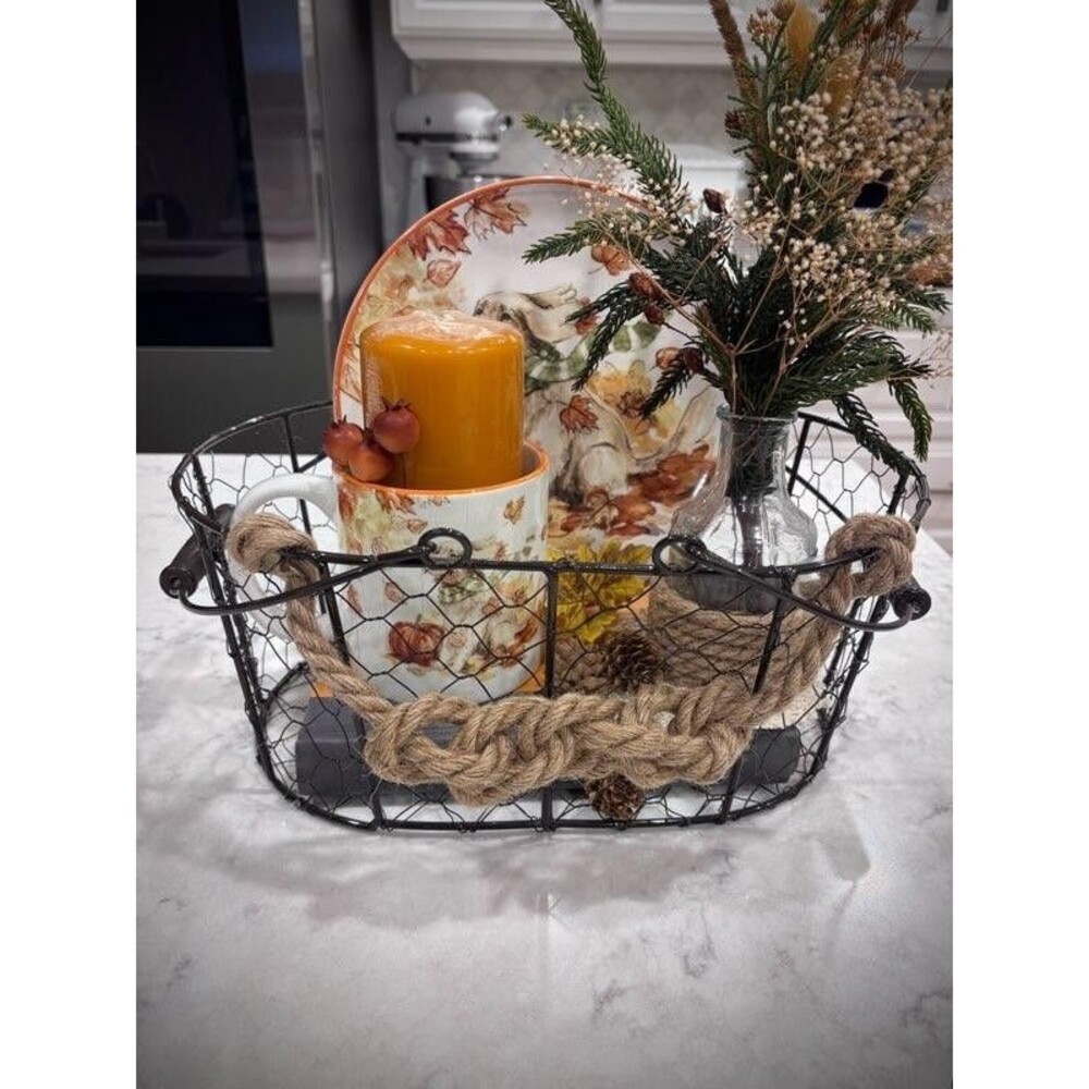 Fall Farmhouse Decor Dog Pumpkin Plate Mug Basket Candle Rustic Autumn Vignette